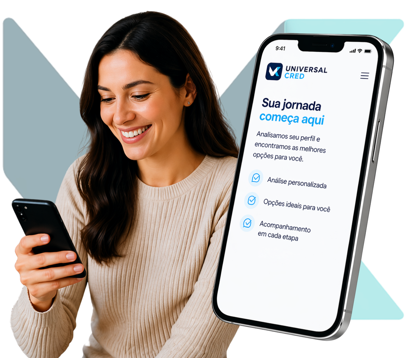 Mulher usando o celular com expressão de confiança